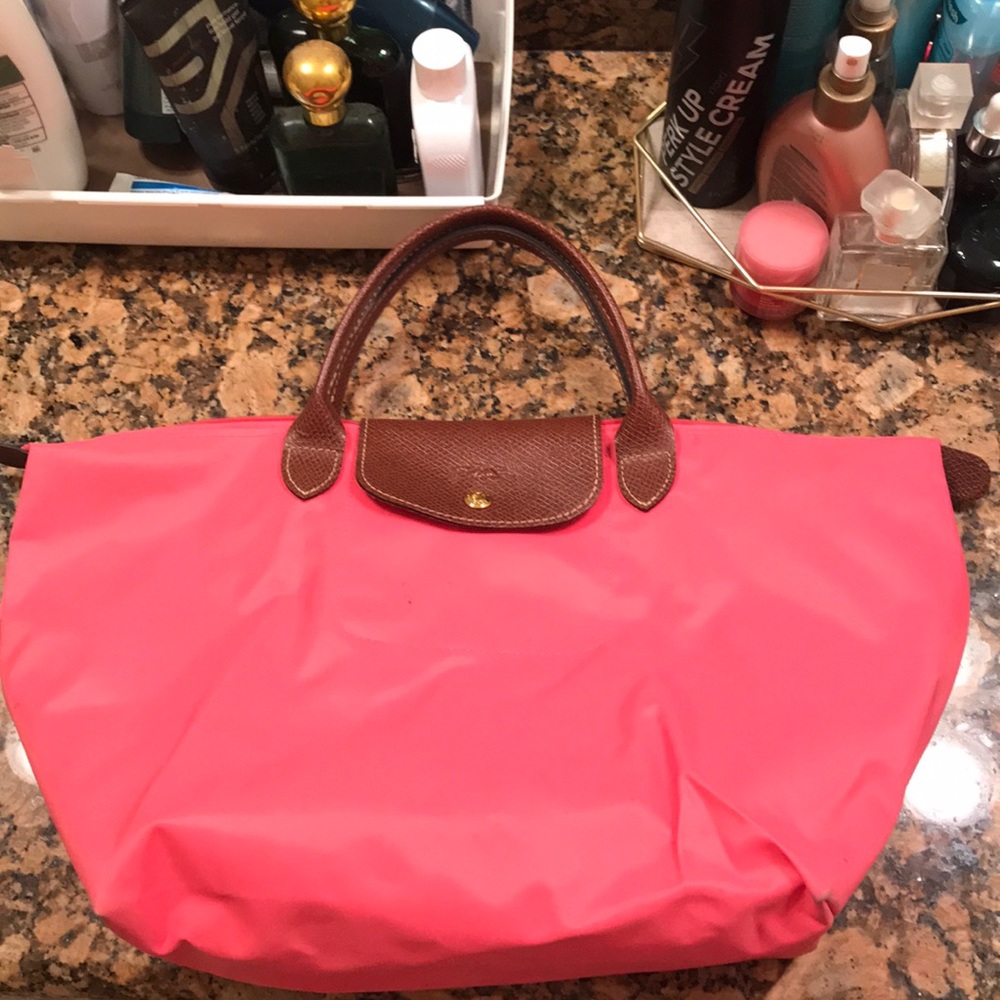 Pink/Salmon Longchamp Le Pliage Medium Tote